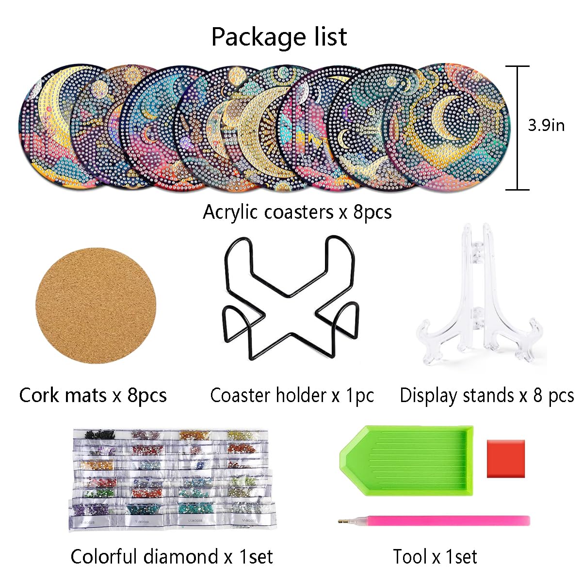 Muzagroo Art Diamond Painting Coasters Set for Adults Moon Diamond Art Kits for Beginners Stress Reducing Craft Coasters with Holder 8pcs(Moon) - Image 2