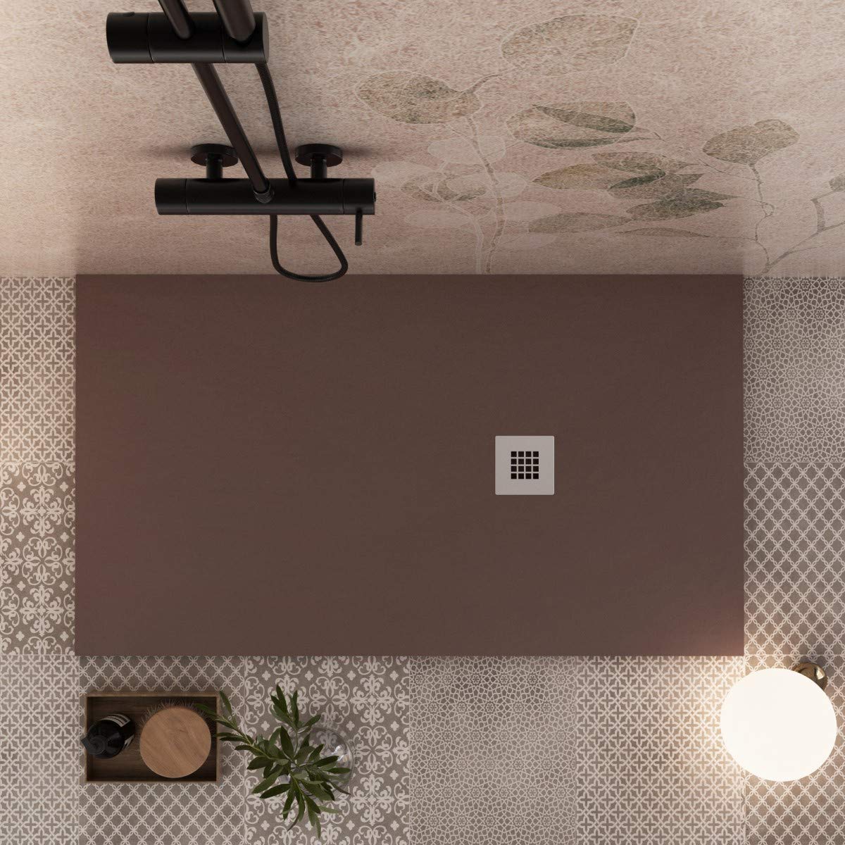 Luminosa ArredoBagno Plato de ducha de mármol resina, 75 x 170 cm, efecto piedra antideslizante con revestimiento de gel, modelo Marmotek color marrón, rejilla de acero y desagüe incluidos