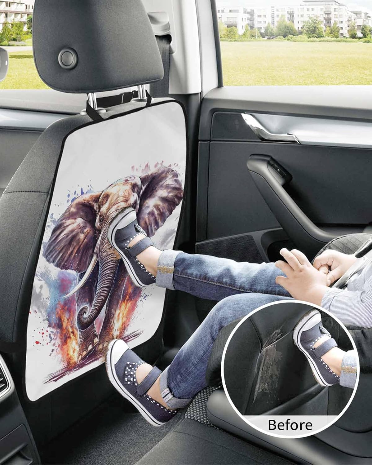 T&H XHome Car Seat Protector, 2 Pack Kick Mats Back Seat Protector Funny Cute Elephant Running African Animal Waterproof Backseat Cover for Kids Universal Fit Automotive Interior Protectors
