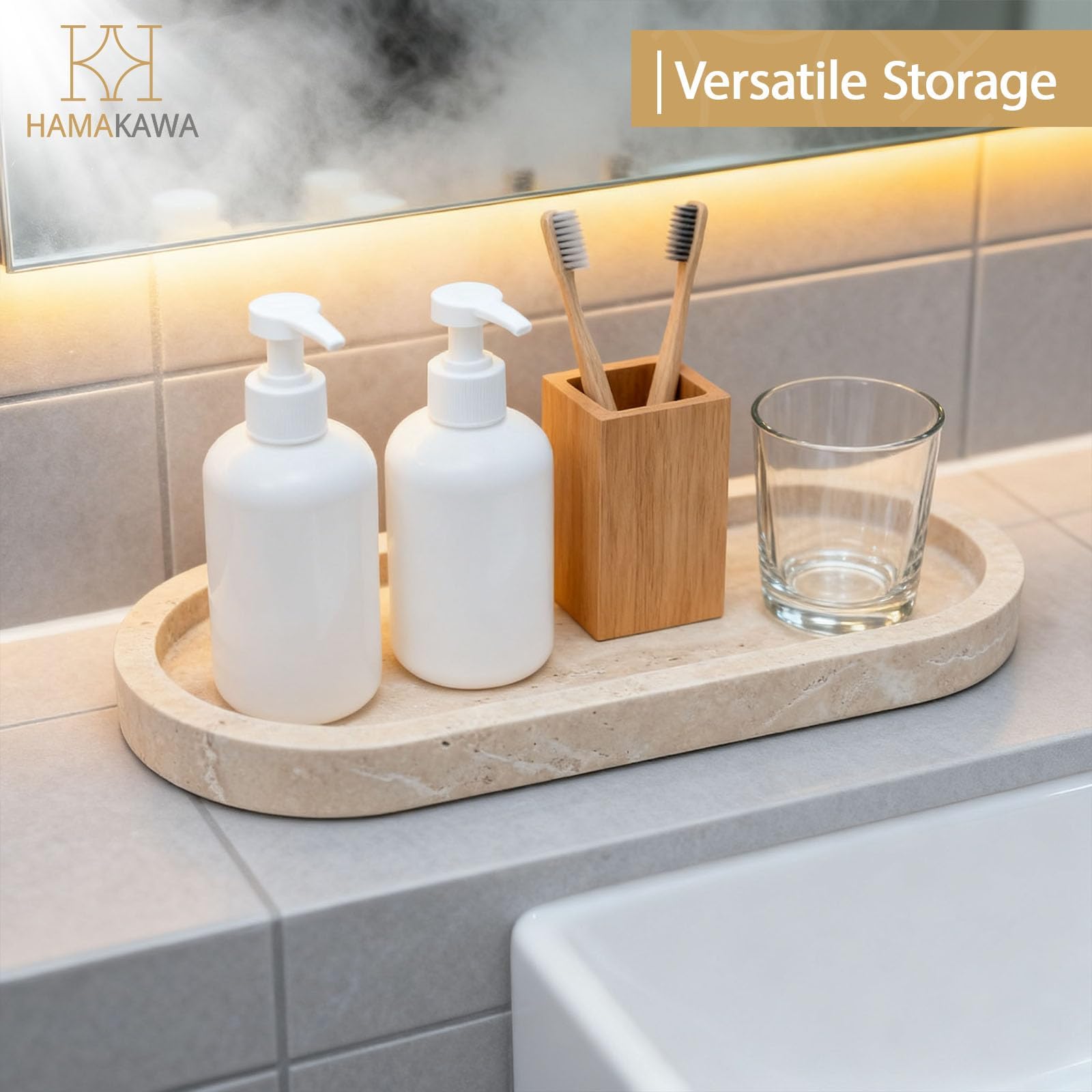 Plateau Decoratif Ovale, Plateau Marbre Naturel 25 cm, Beige Plateaux Salle de Bain, Plateaux Parfum Modernes Travertin, Rangement Comptoir pour Bijoux, Cosmétiques, Bougie