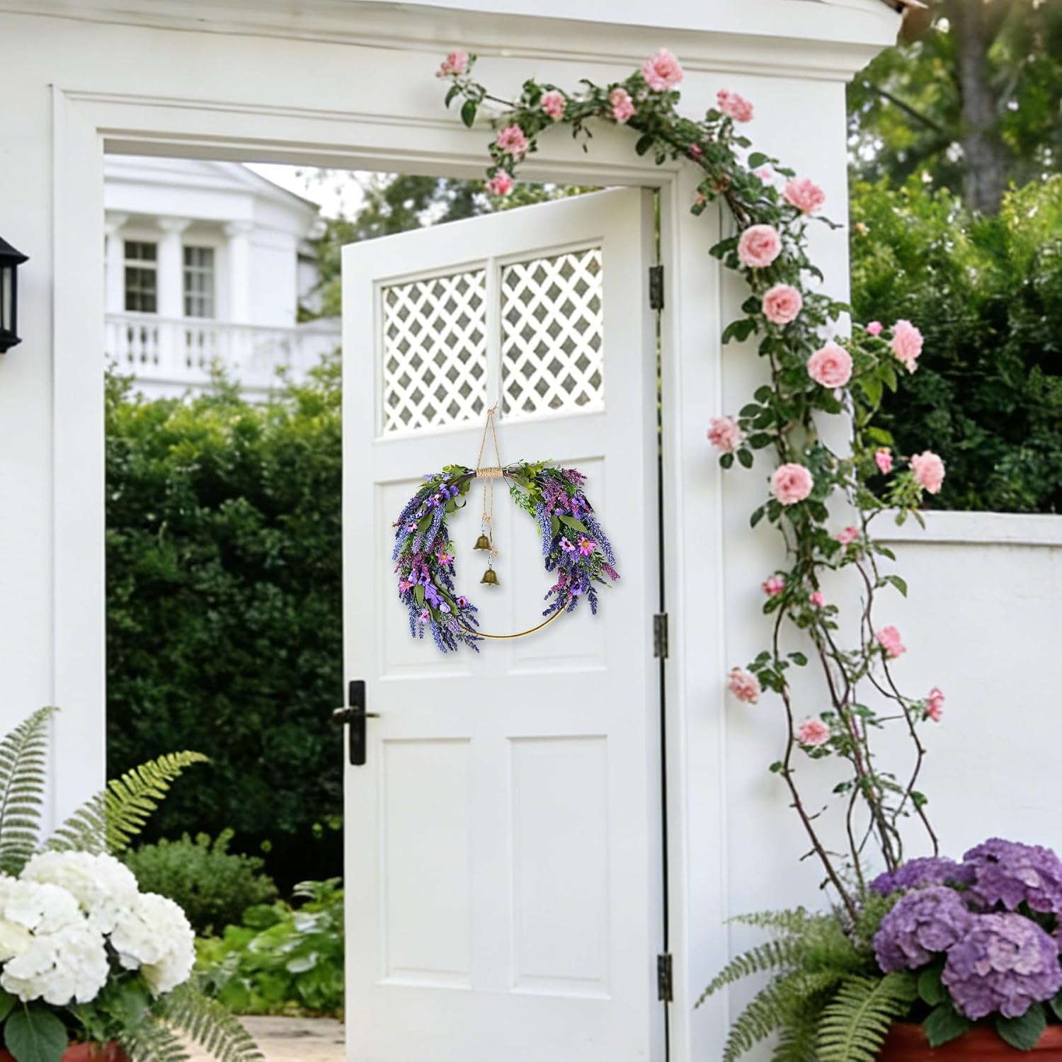 Lavender Wreaths for Front Door, Spring Wreaths Purple Daisy Flower Wreath with Green Leaves, Artificial Spring Summer Hoop Wreath for Door, Porch, Window Wall Farmhouse Outdoor Indoor Décor