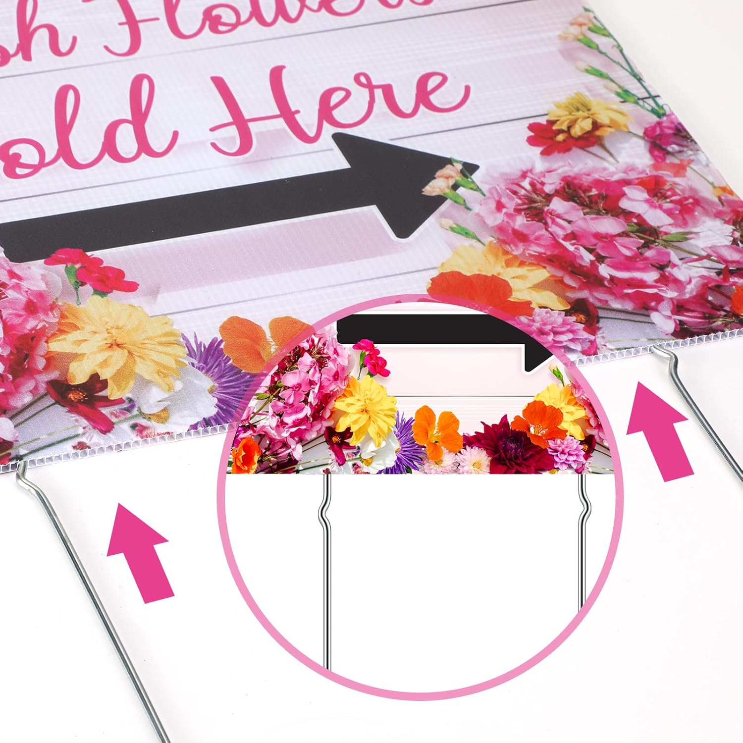 Kathfly 3 Pcs Fresh Flowers Sold Here Yard Sign 16"x12" Directional Arrow Yard Signs with Metal Stand for Floral Flower Shops Gardens Street Vendors, Double Sided Print Waterproof