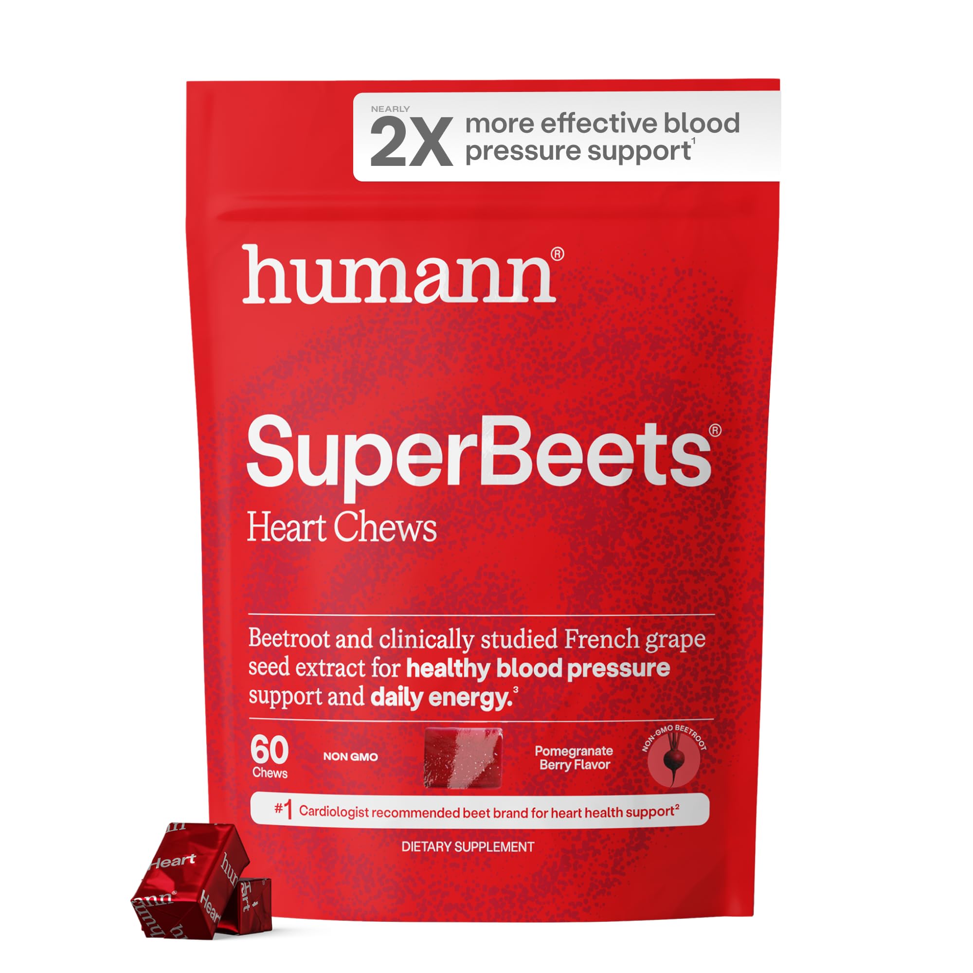 SuperBeets Heart Chews - Nitric Oxide Production and Blood Pressure Support - Grape Seed Extract & Non-GMO Beet Energy Chews - Pomegranate Berry Flavor - 60 Count