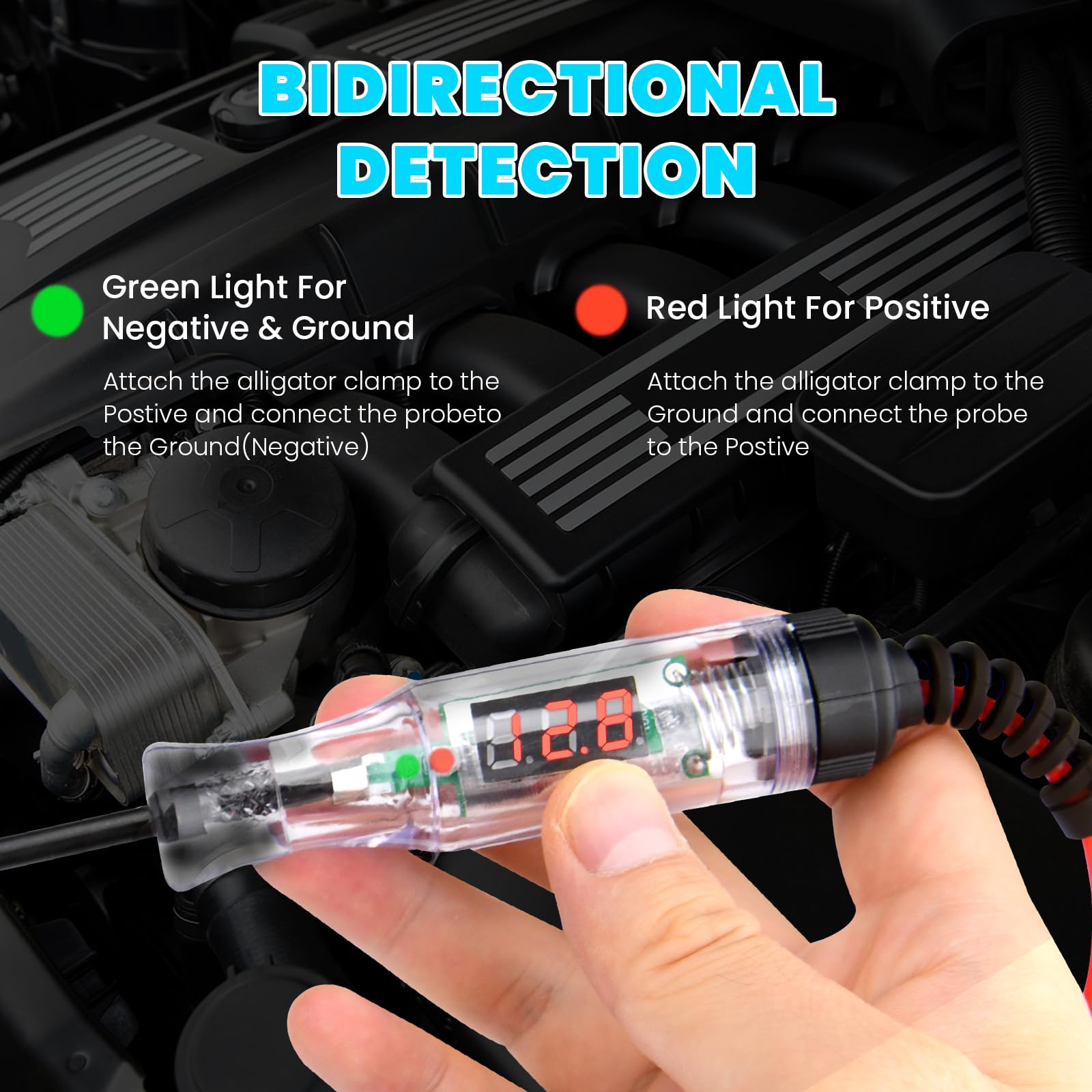 Luz de prueba automotriz, probador de circuito LED digital de 5-90 V con pantalla de voltaje, probador de circuito bidireccional automotriz, probador de voltaje eléctrico con cable de resorte