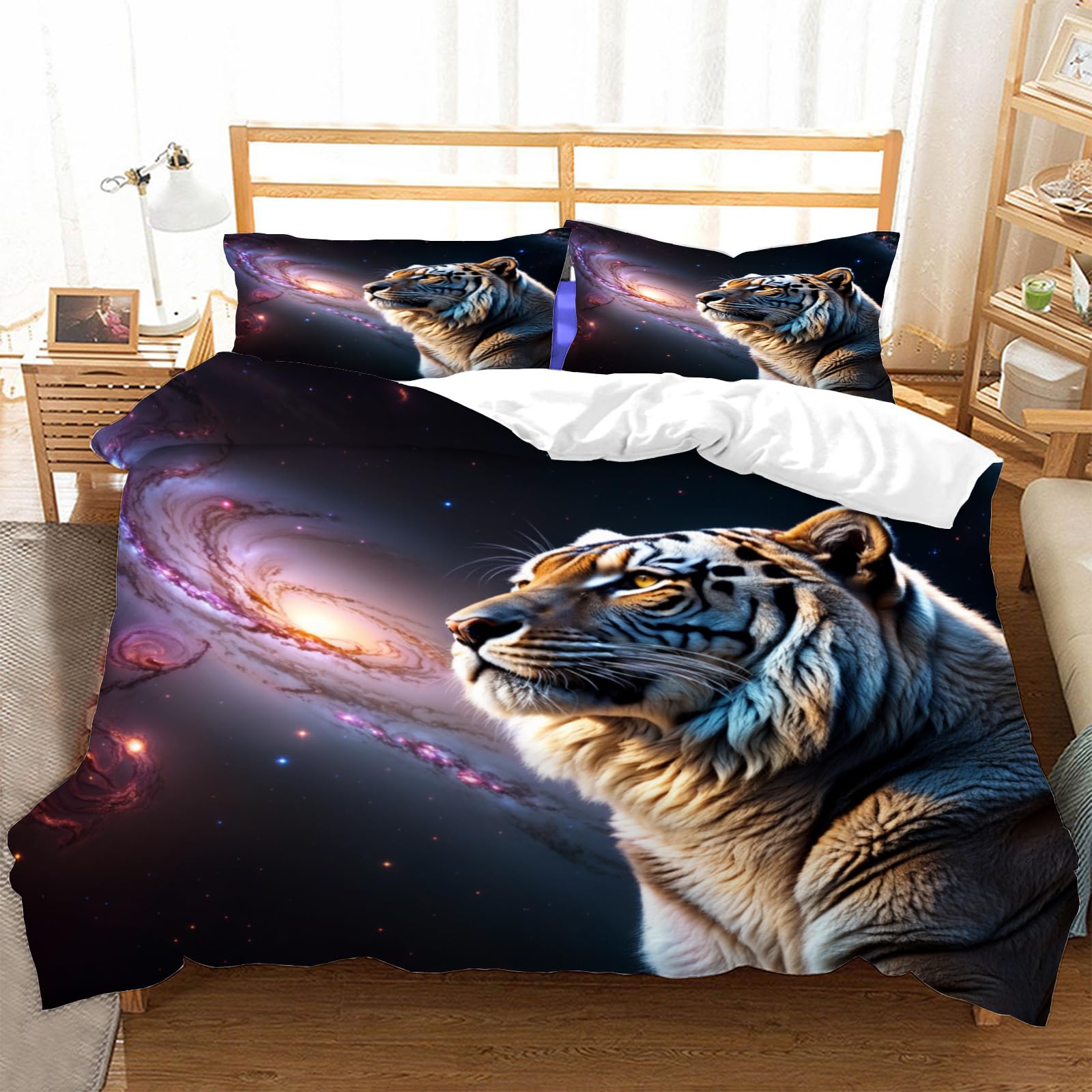 Parure de lit 2 personnes housse de couette 240 x 260 microfibre tigre galaxie