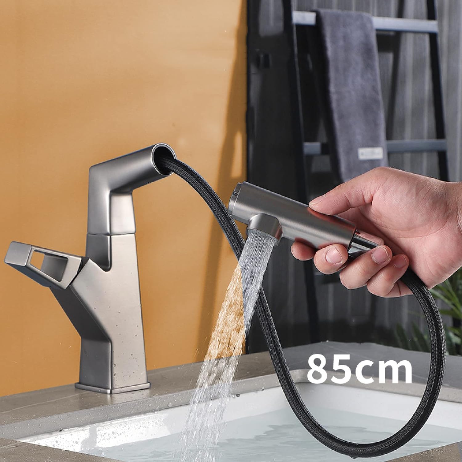 Bathroom Faucet with Pull Out Sprayer,Bathroom Sink Faucet Dual Function Basin Faucet,Liftable,Brass Single Handle Bathroom Basin Faucet for Hot and Cold Water,Black(White)