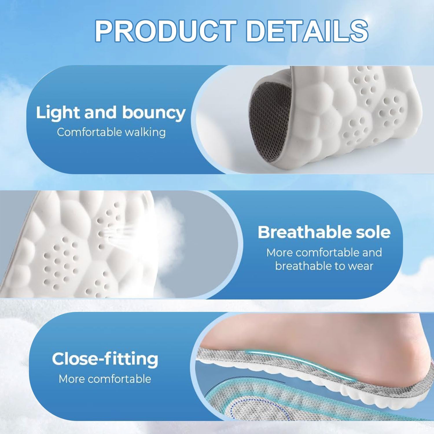 4D Cloud Insoles for Men Women, Breathable Memory Foam Cloud Massage Insoles,Enhanced Arch Support & Cushioned Comfort,Relief Foot Pain,Fits All Shoe Types(1 Pairs-Orange, Men 12-13/Women 14-15) - Image 4