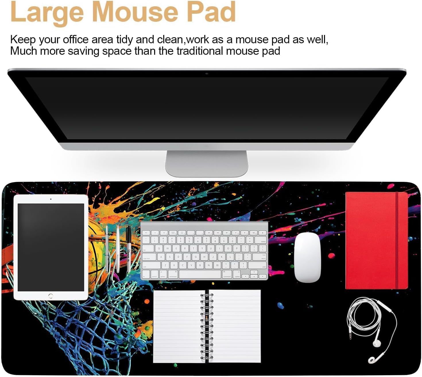 Basketball Splash Mouse Pad, Colorful Paint Splash Design Desk Mat with Non Slip Rubber Base, Smooth Surface Computer Mouse Pad for Sports and Gaming Lovers,35.4 x 15.7 in