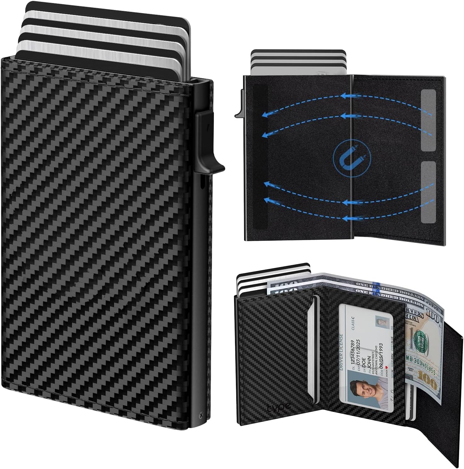 – Mens Wallet Card Holder, Pop Up Card Case, Top Grain Leather, RFID Blocking, Slim Minimalist, Carbon Fiber Black, 12 Card Capacity, ID Window, Cash Slot