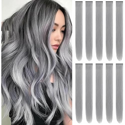 22 inch Colored Hair Extensions Straight Hairpiece,Color Party Highlights Clip in Synthetic Gray Hair Extensions for Girls Women Cosplay Styling Favor Gift(10 PCS Grey)