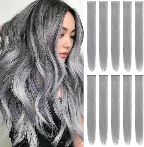 22 inch Colored Hair Extensions Straight Hairpiece,Color Party Highlights Clip in Synthetic Gray Hair Extensions for Girls Women Cosplay Styling Favor Gift(10 PCS Grey)