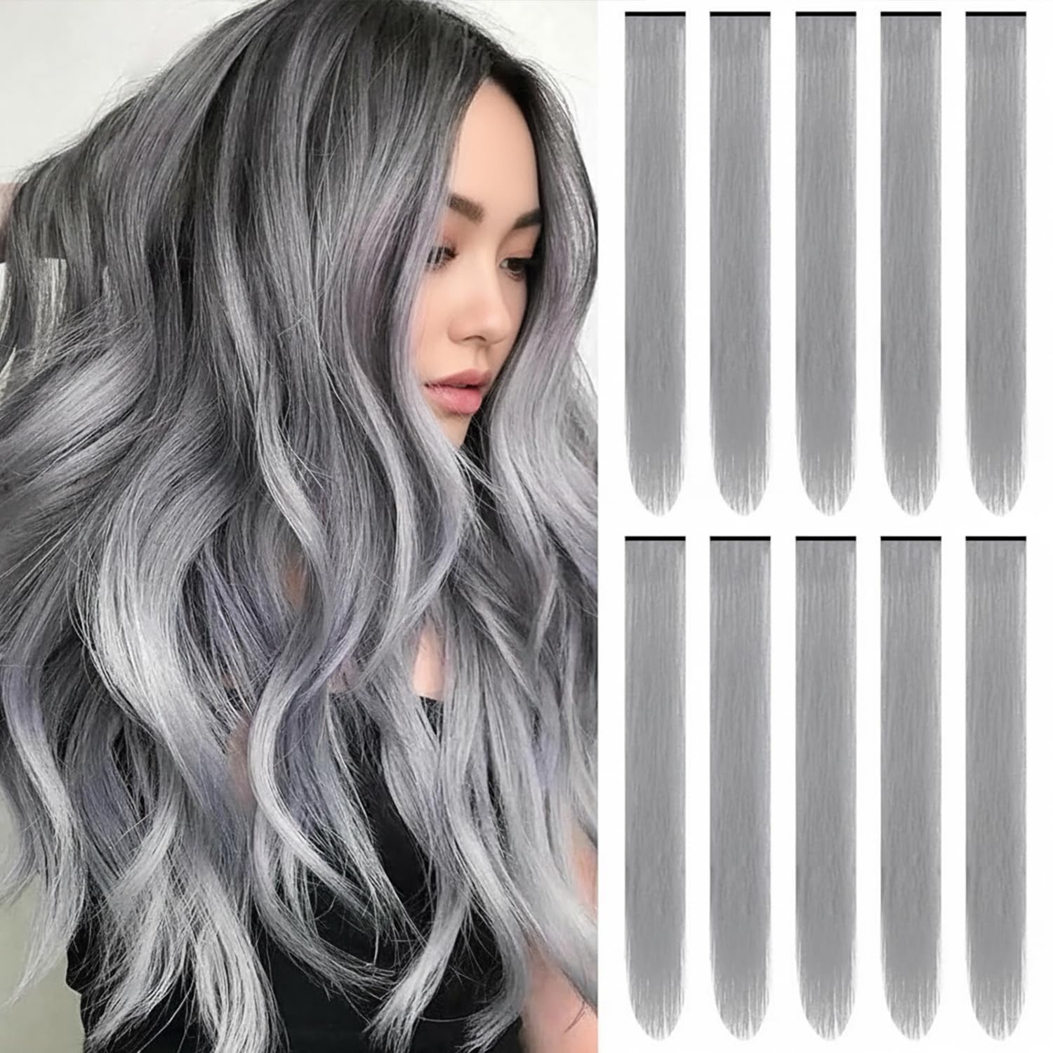 22 inch Colored Hair Extensions Straight Hairpiece,Color Party Highlights Clip in Synthetic Gray Hair Extensions for Girls Women Cosplay Styling Favor Gift(10 PCS Grey)
