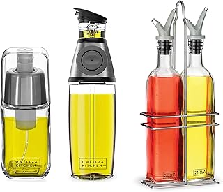 DWËLLZA KITCHEN Olive Oil Dispenser Measuring Bottle, Oil Sprayer and Oil and Vinegar Dispenser Set with Free Spouts and Funnel – Glass Bottle and Drip-Free Spout