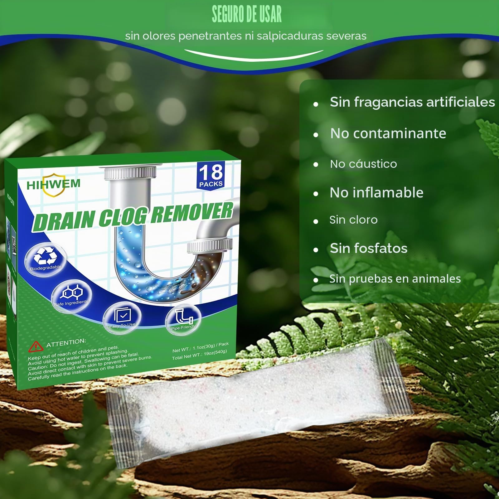 Paquete de 18 removedores de obstrucciones de drenaje, limpiador de drenaje resistente para cabello y grasa, potente desatascador de fregadero y ducha, fórmula segura para tuberías para un uso fácil