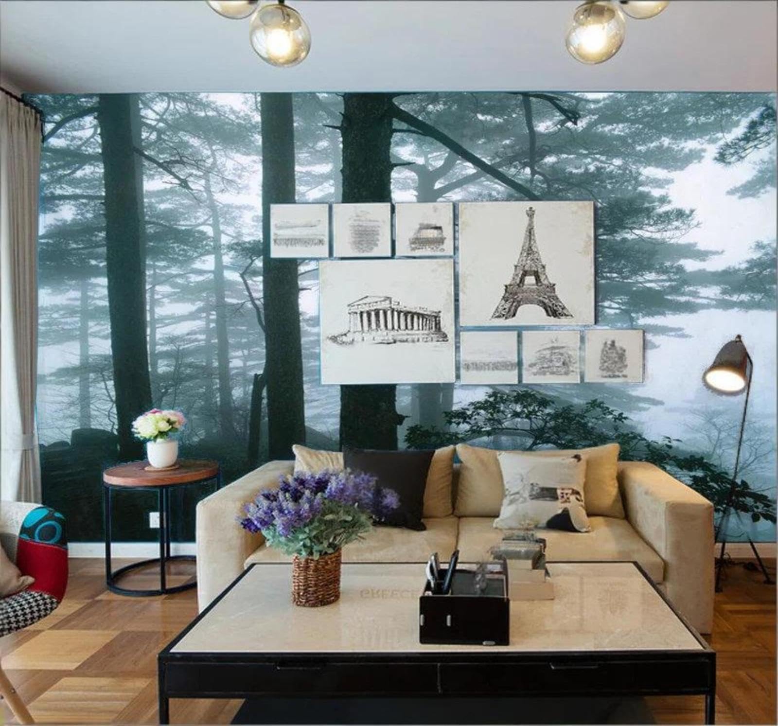 Tzxztt Fresh Forest Trees Mist Landscape Modern 3D Wallpaper Premium Textured Silk Neutral Tones Material Ideal for Living Room Bedroom-300cm×210cm