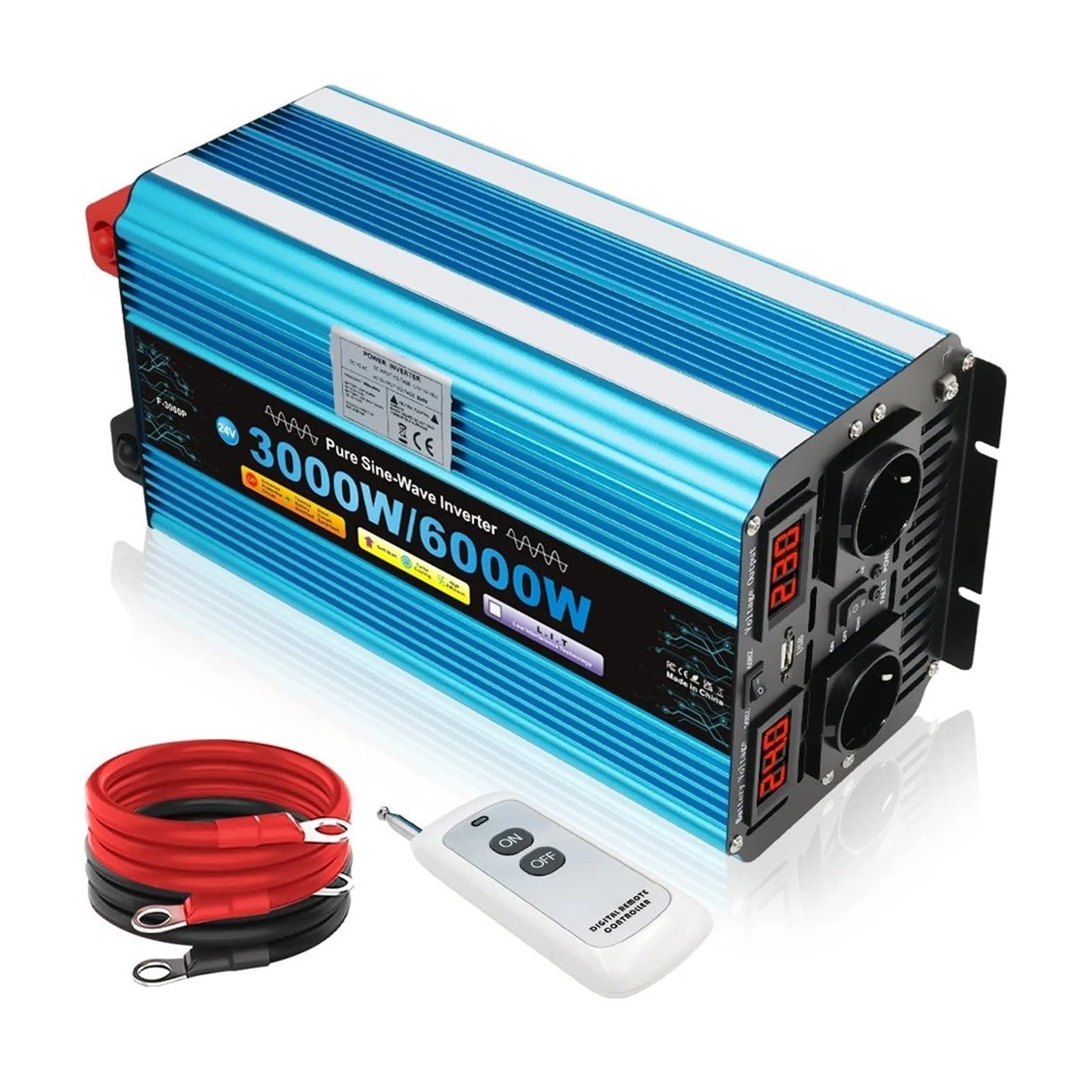 Inversor Corriente 3000 W/6000 W CC 12 V/24 V con Control Remoto para Frigorífico 220 V/230 V 50 Hz/60 Hz Pantalla LED Onda Sinusoidal Pura Convertidor(12V,220V 60Hz Universal,6000W)