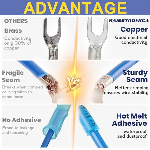Miniatura 3 de haisstronica - 100 piezas de conectores de horquilla azules termorretráctiles #10, terminales de alambre de crimpado eléctrico aislados calibre 16-14