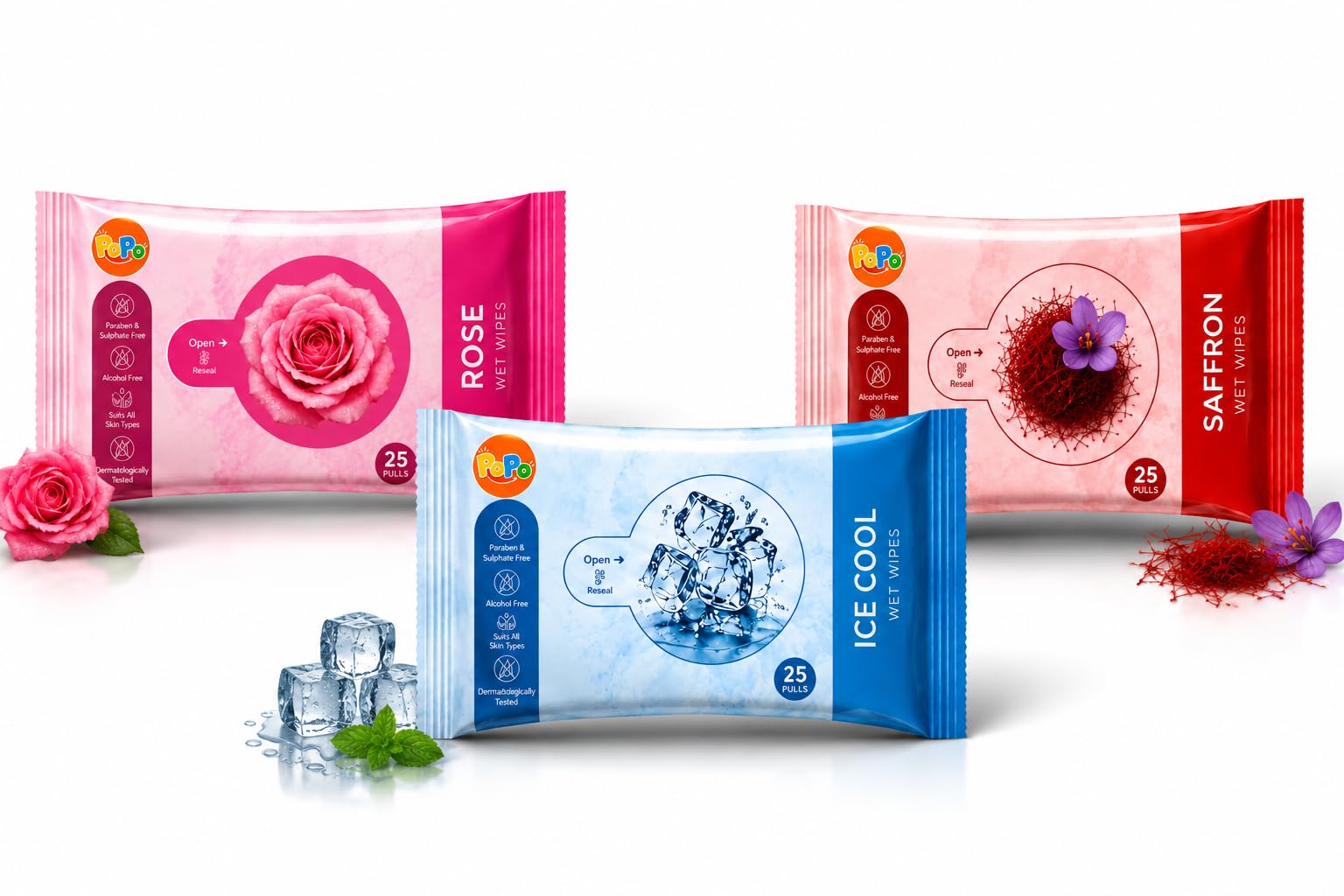 PoPo Wet Wipes Combo Rose Saffron Ice Cool Pack of 3 | 75 Wipes Total, Alcohol Free, Paraben & Sulphate Free, Suits All Skin Types, Dermatologically Tested-image-15