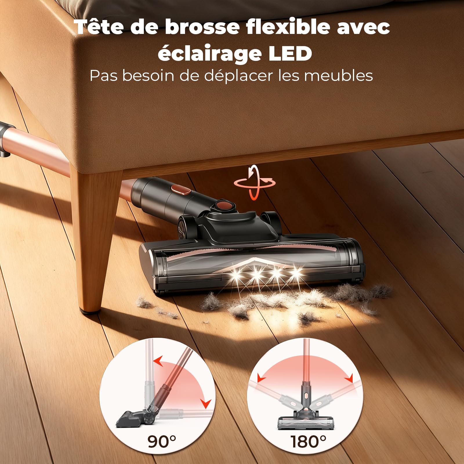 Aspirateur Balai sans Fil 300W, 45Min, Brosse Anti-Emmêlement, Batterie Amovible, Écran LED pour Tapis et Poils d‘Animaux (Jaune)