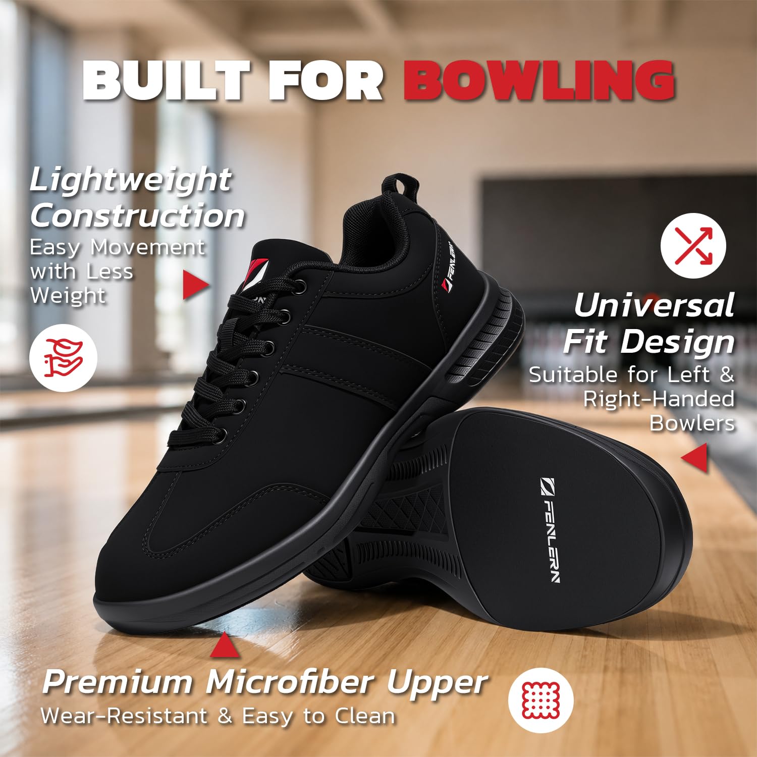 Bowlingschuhe für Herren, Mikrofaser, Schnürung, doppelte Gleitsohle, links und rechts, Schwarz, 42 EU