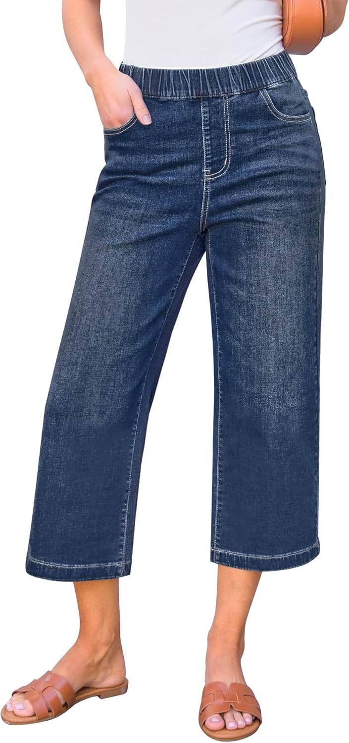 GRAPENT Capri Jeans for Women Wide Leg High Waisted Effortless Flow Pull On Stretchy Denim Elastic Waist Pants with Pockets