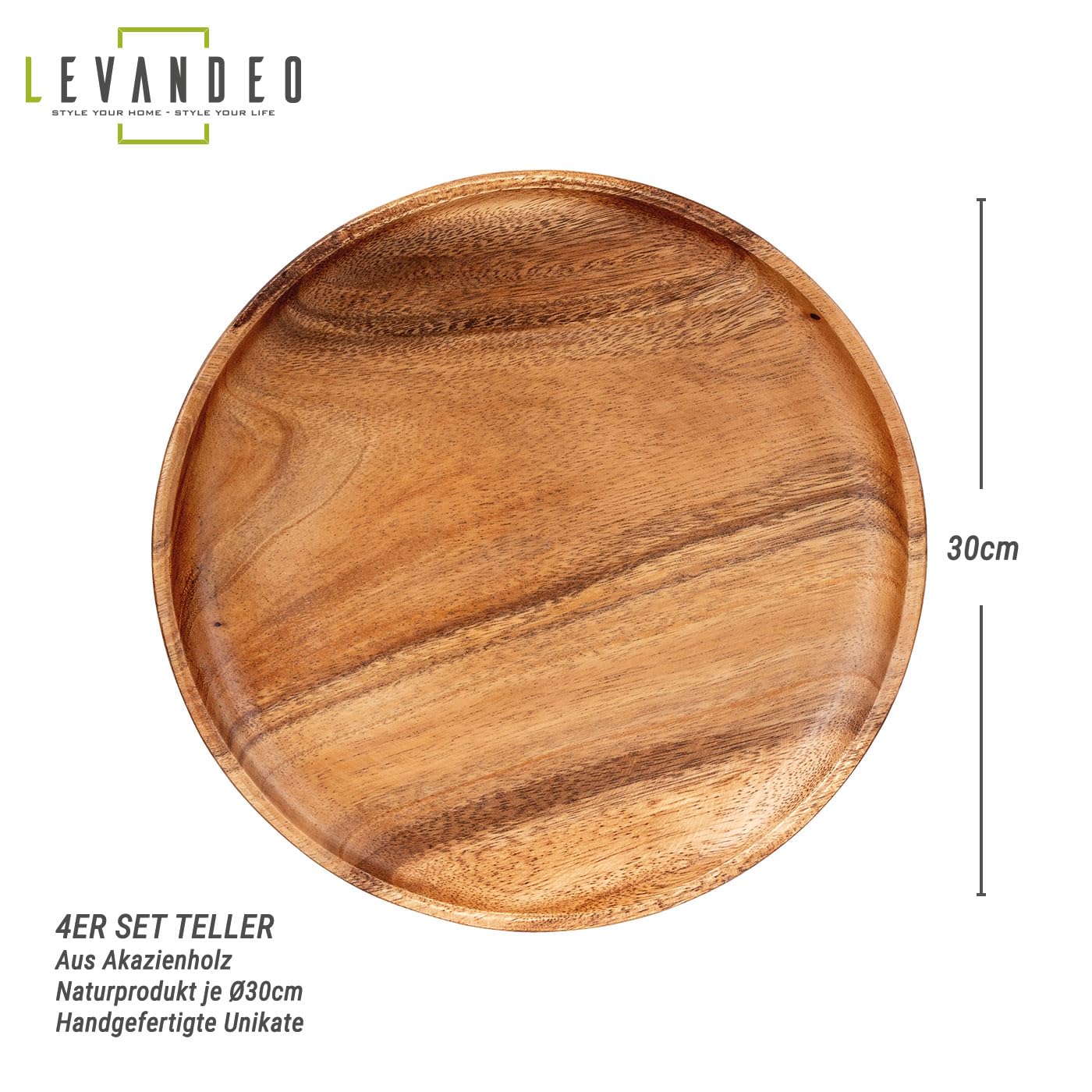 levandeo Lot de 4 assiettes rondes en bois d'acacia - Diamètre : 30 cm - Assiettes décoratives en bois d'acacia - Fabriquées à la main - Décoration de table unique