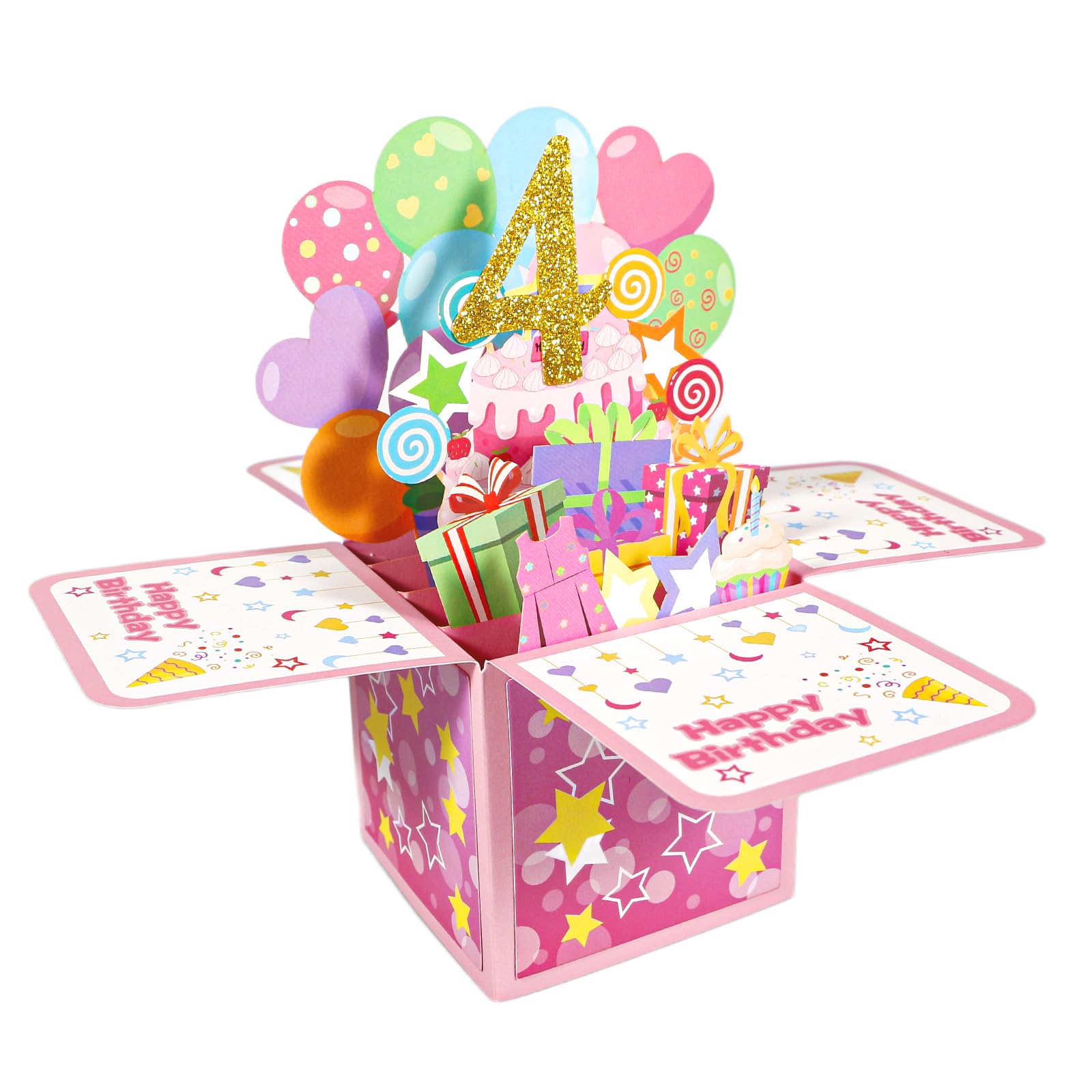 Geukmun 4th Birthday Card for Girls, 4th Birthday Gifts for Girls, Pink Pop Up Happy Birthdays Card with Envelope for 4 Year Old Girl, Granddaughter, Daughter, Party Decorations
