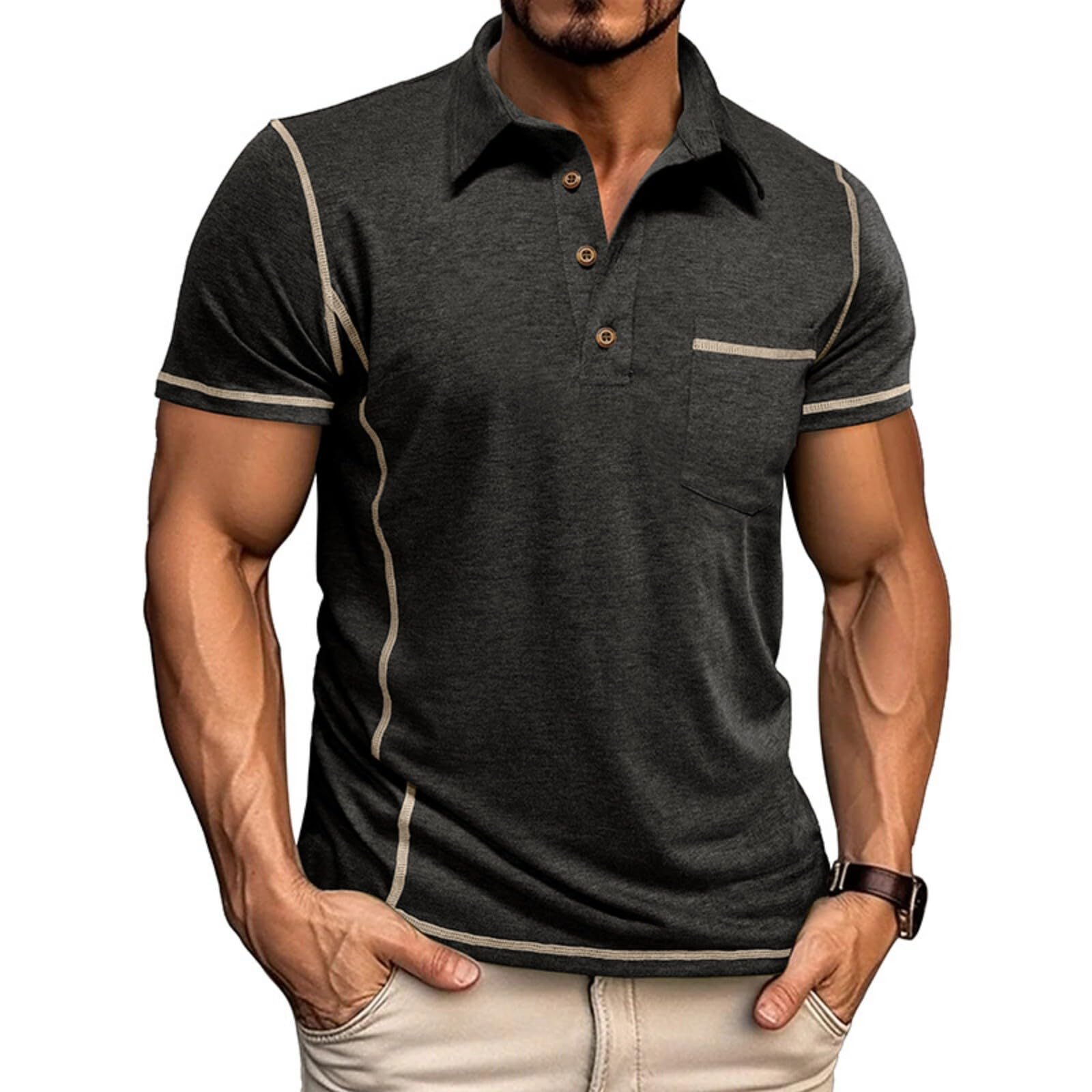 Men's Casual Long Sleeve Polo Shirts Collared Button Cotton T-Shirt Classic Stylish Golf Shirt with Pocket