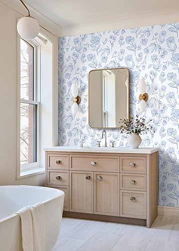 Miniatura 9 de Timeet Papel tapiz floral para despegar y pegar, papel tapiz azul y blanco, papel tapiz autoadhesivo extraíble para dormitorio, baño, papel de