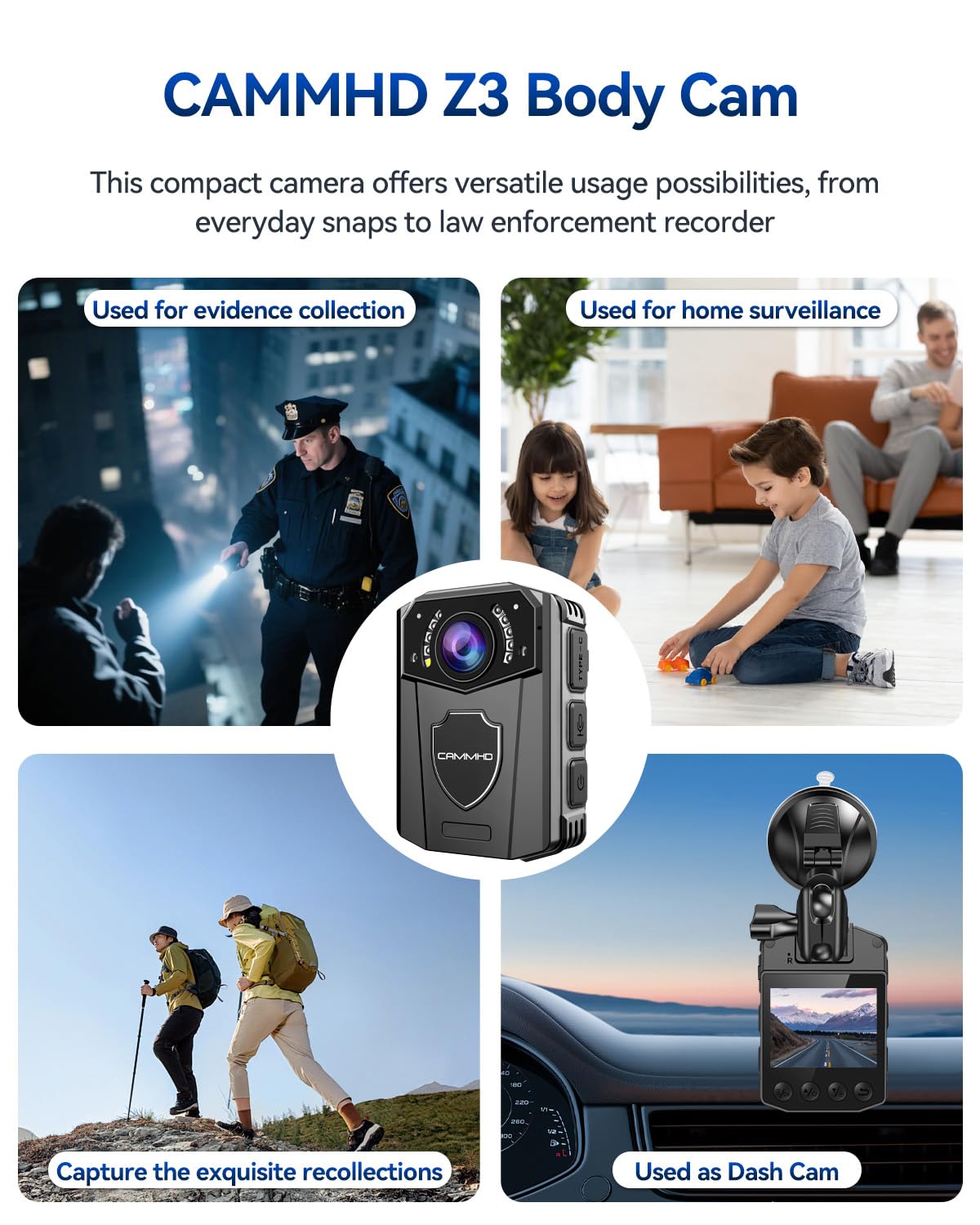 CAMMHD 1440P Camera Pieton Z3 32G 3000mAh 8-10 Heures | Infrarouge Body Cam Vision Nocturne avec Vidéo et Audio Camera de Corps pour la Police Pompiers Personnes etc
