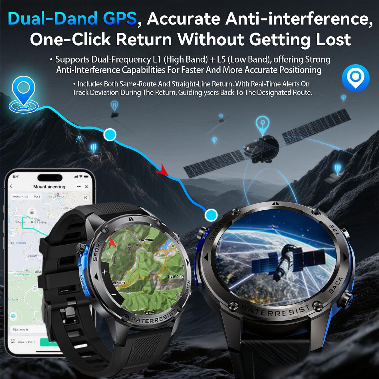 Smart Watch GPS da uomo militare robusto, bussola, impermeabile fino a 50 m, batteria grande da 500 mAh, schermo AMOLED da 1,4 pollici, rispondere/effettuare chiamate, compatibile con Android iOS (2