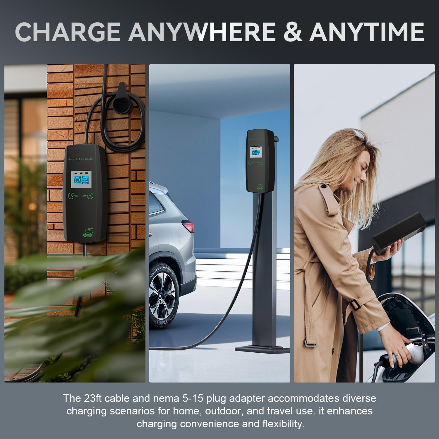 KHONS Level 1 EV Charger 16A 120V Plug-and-Play with NEMA 6-20R to 5-15 Adapter (23ft Cable) 100% Pure Copper Core Cable Waterproof and Overheat Protection Portable Electric EV Charger for J1772 Evs