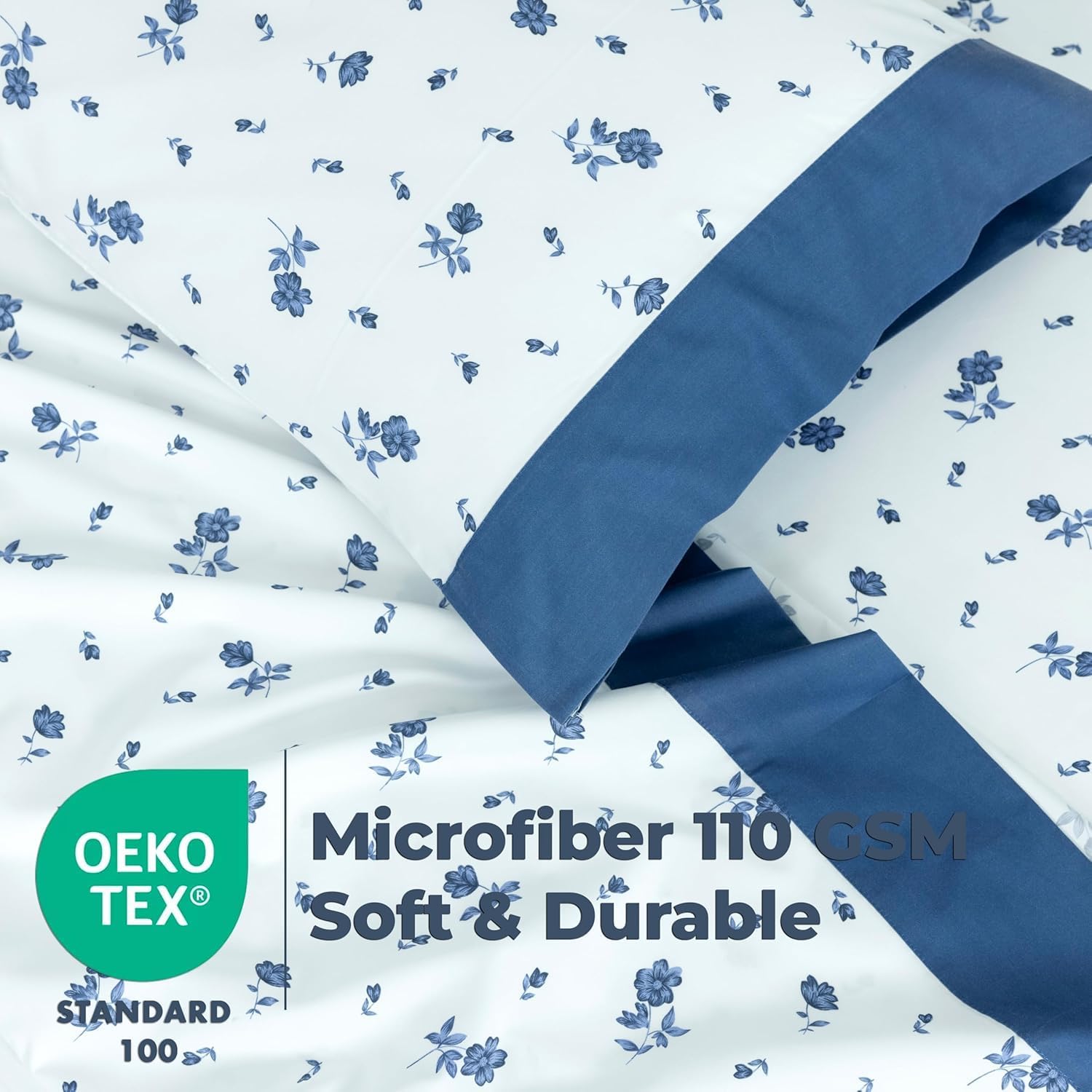 Dreamology Sheet Set Queen, 4 Pieces Microfiber Sheet Set, Printed Sheet Set with Solid Cuffed Detail,Includes 1 Flat Sheet,1 Deep Pocket Fitted Sheet and 2 Pillowcases,Queen Bed Sheets – Blue Floral - Image 3