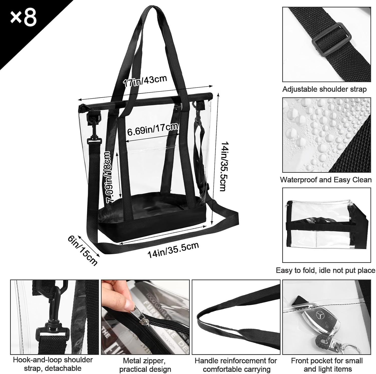8 Pcs Clear Tote Bags with Zipper Adjustable Shoulder Bag Handbag Detachable Strap See Through Security Approved(Black)