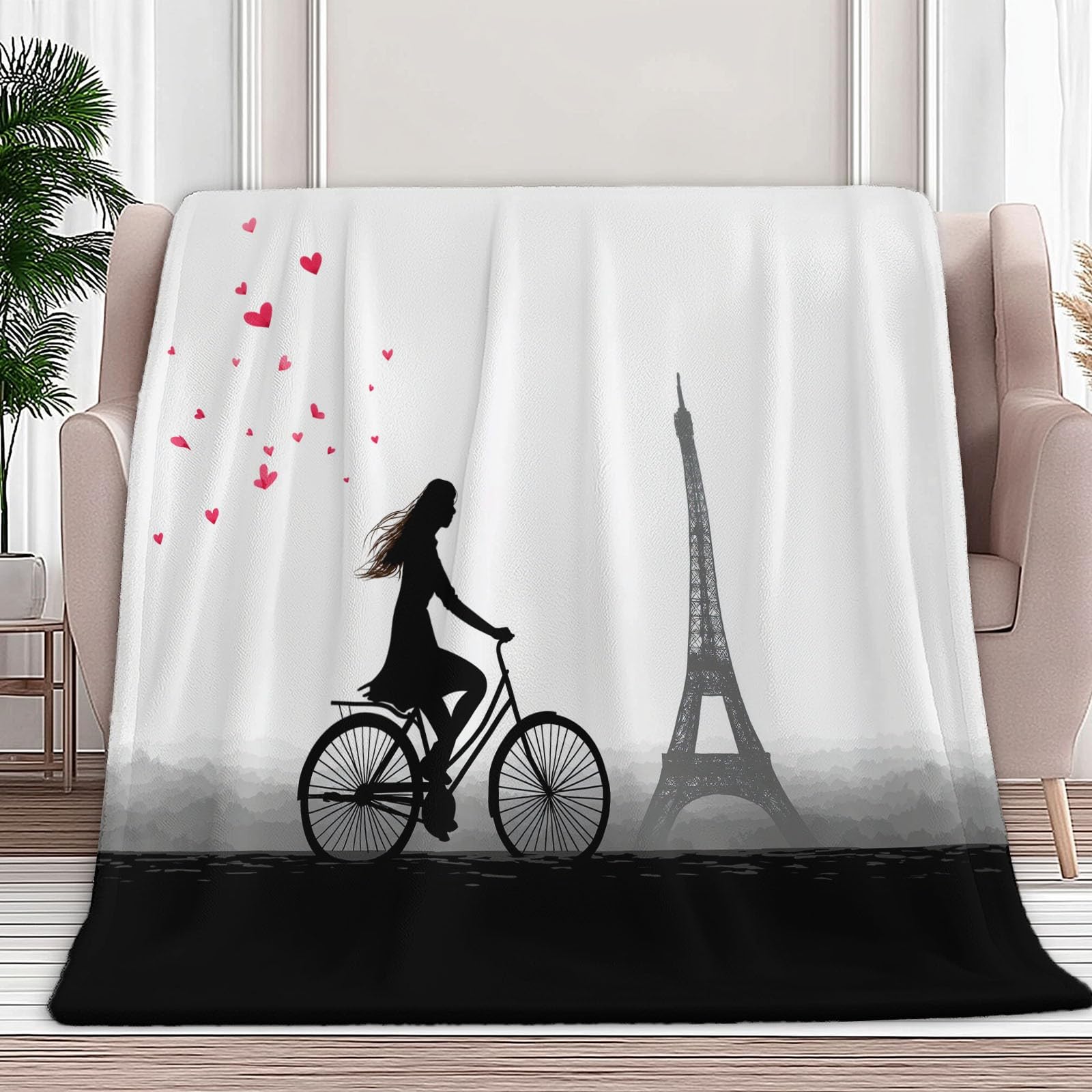 Genérico Miękki wełniany koc na łóżko sofa 180 x 200 cm surrealizm dziewczyna na rowerze wieża Eiffla Sherpa koc, na jesień i zimę - jasny kolor flanelowy koc na wszystkie pory roku