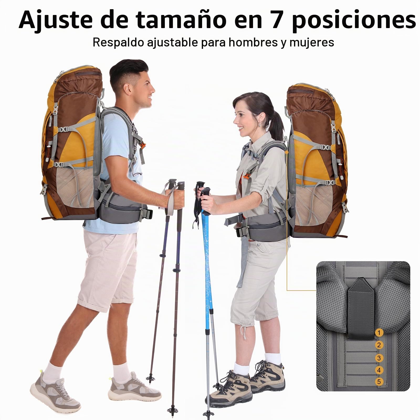 75L Grand Mochila Senderismo con Marco Interno, Mochila Montaña Acampada con Soporte de Aluminio Desmontable, Mochila Viaje Impermeable para Trekkimg Excursiones, Amarillo