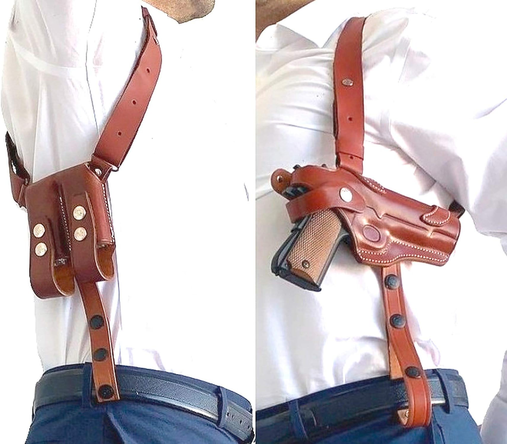 1911 Leather Shoulder Holster for Concealed Carry | Right-Handed Rig, Adjustable Straps & Dual Mag Pouch | Bullhide Leather, Handcrafted (Fits Colt, Kimber, Sig Sauer, Ruger w/o Picatinny Rail)