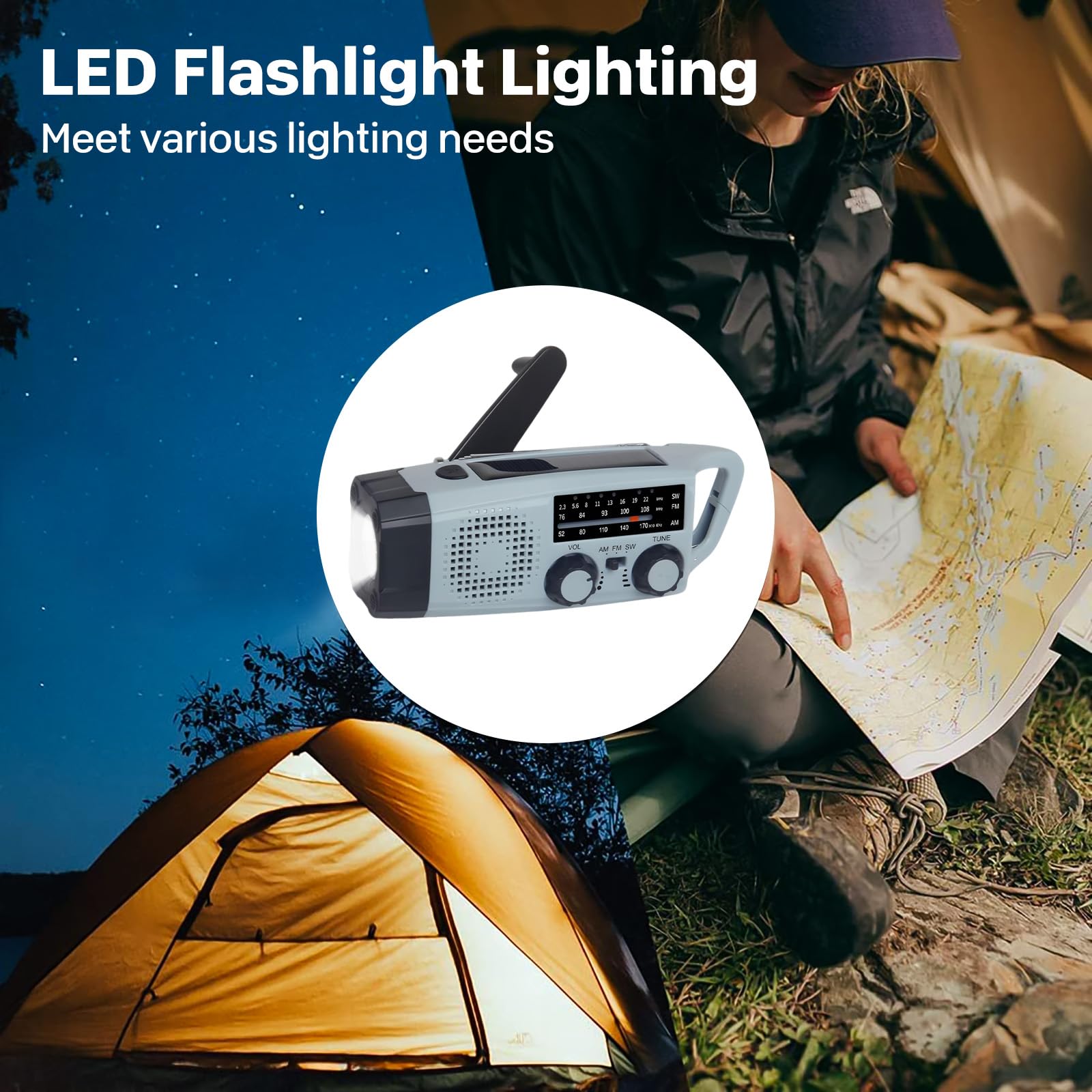 Radio de manivela, 2000 mAh, radio de emergencia con manivela y solar AM/FM/SW Radio con alarma SOS, 3 vías de carga, radios de emergencia, interior y exterior, camping, banco de energía, manivela