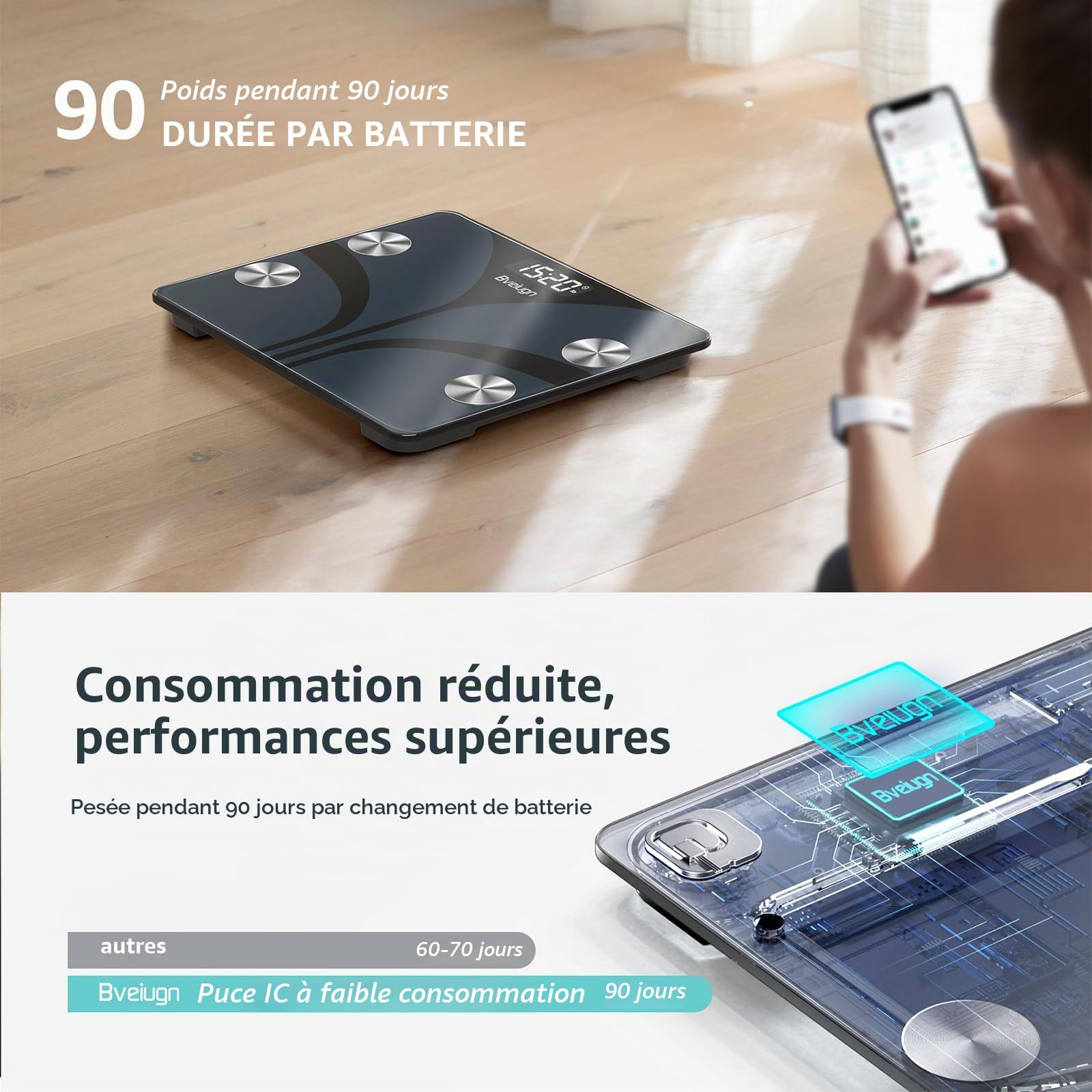 Posture Balance Pese Personne pour Salle de Bain, Haute Précision, Impédancemètre 13 Indicateurs (IMC/Graisse Corporelle/Muscle) avec App, Max 180 kg - Noir