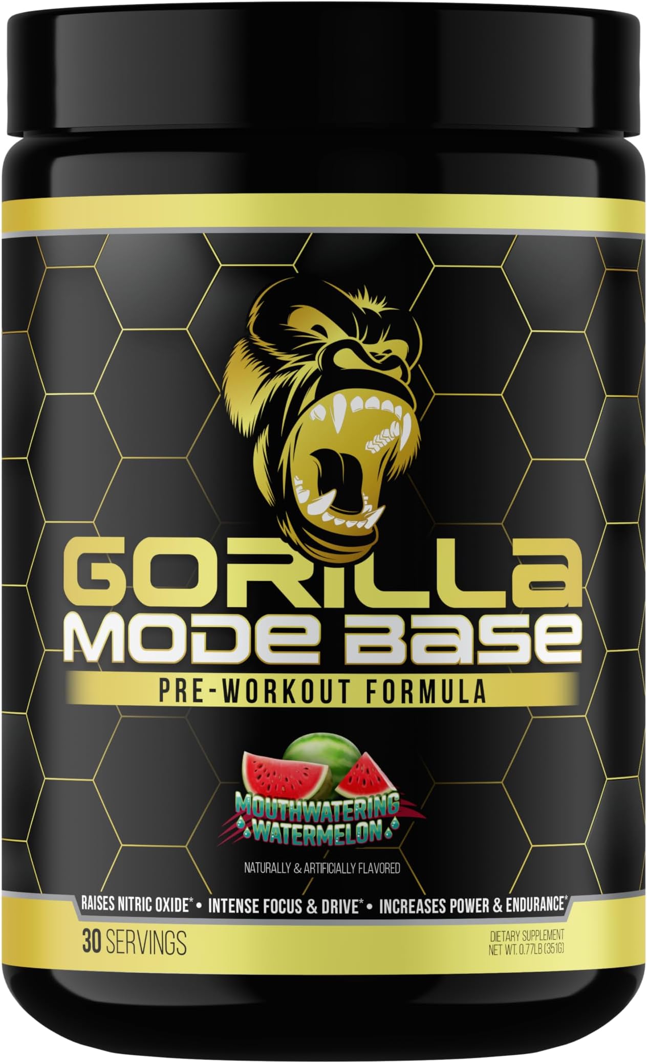 Gorilla Mode Base Pre Workout - Raises Nitric Oxide · Intense Focus & Drive · Endurance · Power - L-Citrulline, L-Tyrosine, Betaine, Alpha-GPC, Caffeine, Huperzine A - 360 Grams (Watermelon)