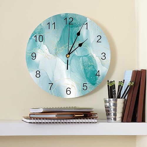 Miniatura 2 de Reloj de pared de mármol turquesa, funciona con pilas, de PVC, silencioso, sin tictac, de 12 pulgadas, color verde azulado, abstracto, moderno,