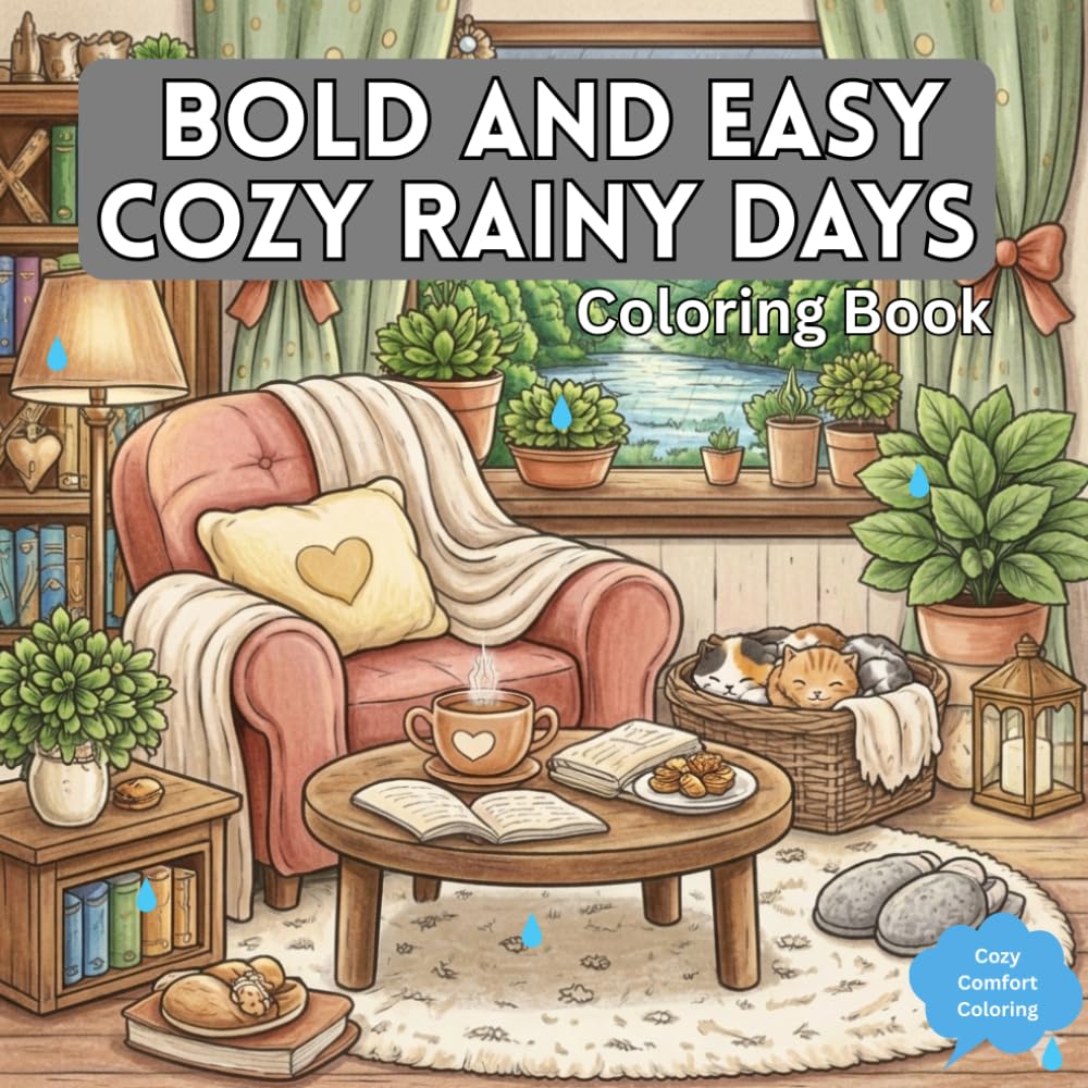 Bold and Easy Cozy Rainy Days Coloring Book: Relaxing Rainy Day Scenes for Adults (Cozy Comfort Coloring)