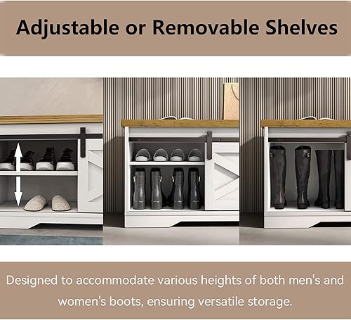 Miniatura 4 de Banco de zapatos blanco con almacenamiento, banco de zapatos moderno con puerta corrediza de granero, banco de granja con cojín, banco de
