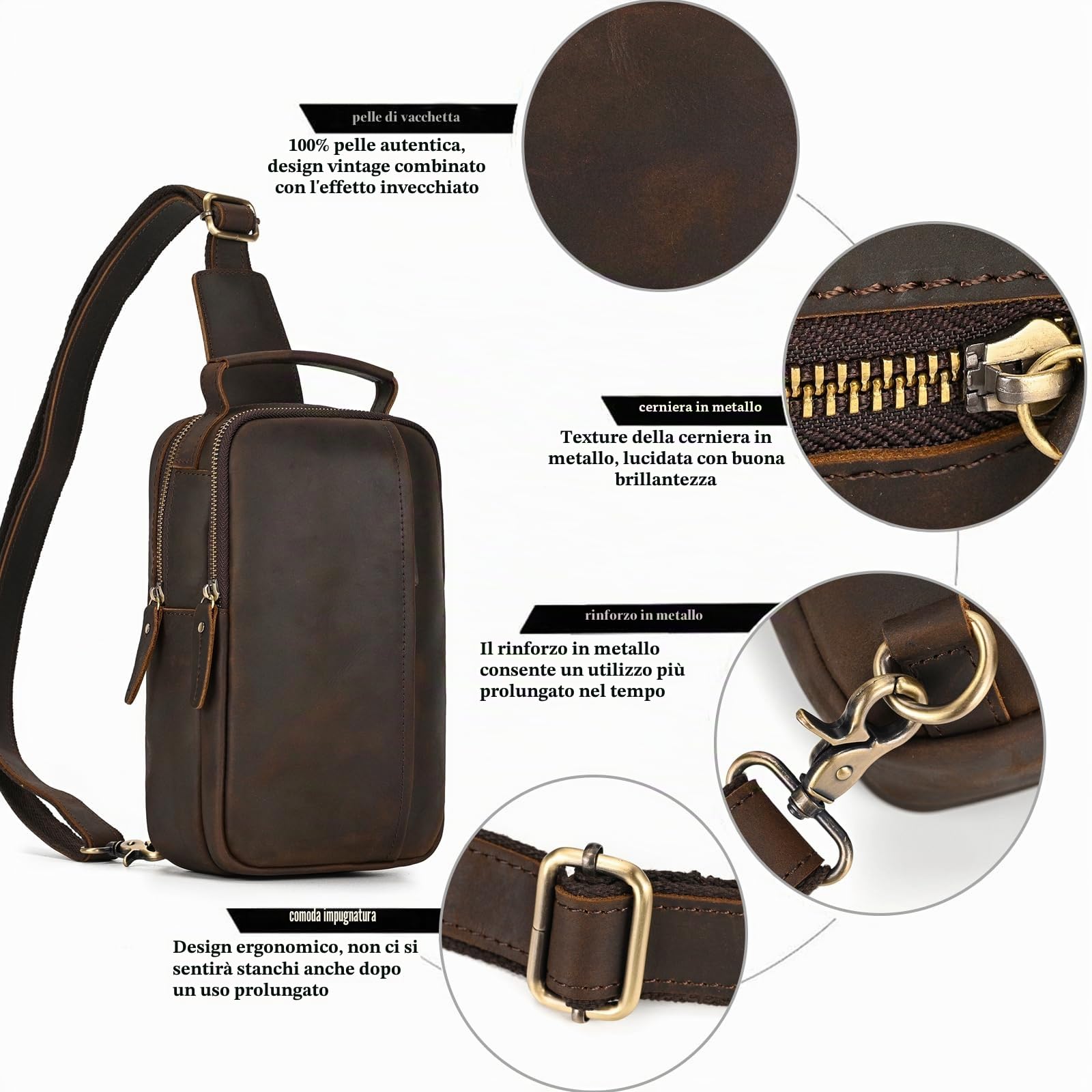 Borse Petto Borsa Crossbody Pelle Zaino Spalla Monospalla Pelle Marsupio Zainetto Piccolo Sling Bag Borsello a Tracolla per Uomo Viaggio Trekking Camminare, 9332 marrone scuro