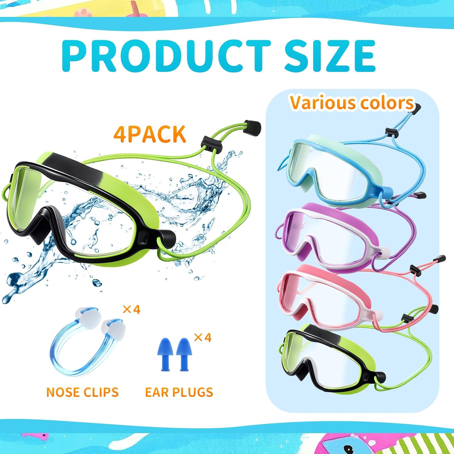 Hollowfly 4 Pcs Kids Swim Anti Fog Goggles Quick Adjust No Leaking Waterproof Wide Vision Glasses with Nose Clips Ear Plugs
