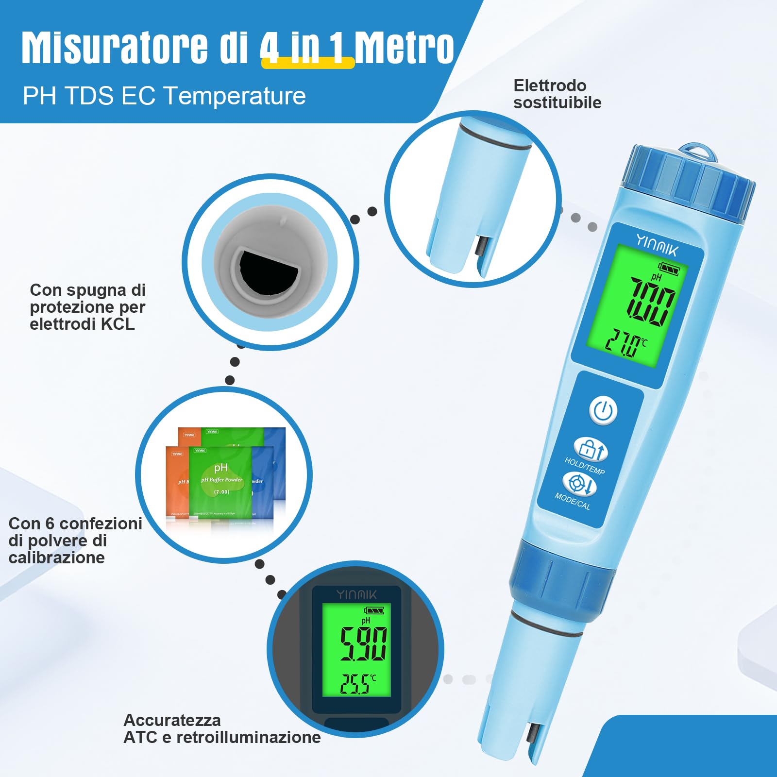 YINMIK Misuratore di pH Digitale, Tester pH 4 in 1 per Acqua Idroponica, Tester TDS EC PPM per Nutrienti Vegetali, Misuratore di Conducibilità pH a Penna per Acqua Potabile, DWC, Piante da Interno