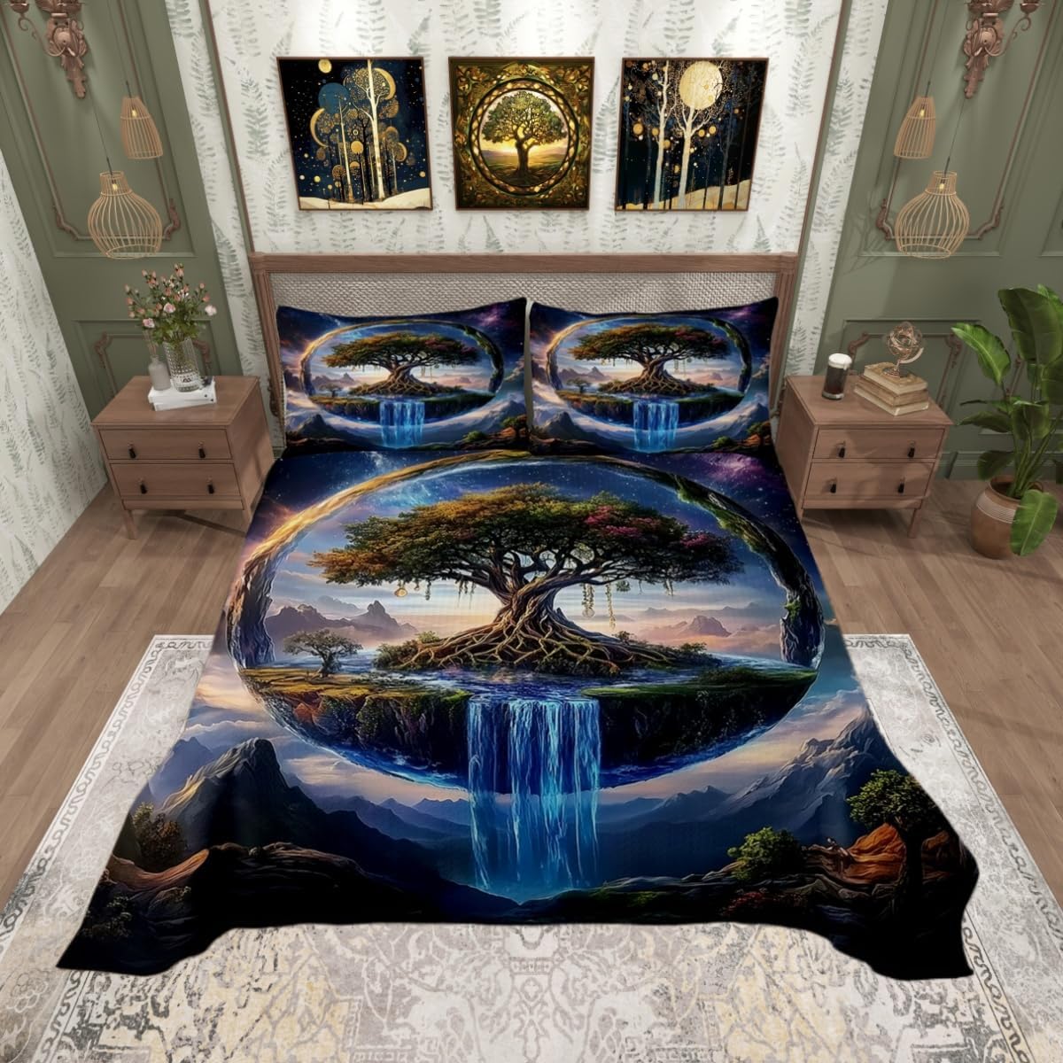Tree of Life Quilts Set for Kids Boys,Nature Mountain River View 3Pcs Bedspread Bedding Set,Glitter Galaxy Universe Bed Cover Set,Boho Style Bedspread Coverlet with 2 Pillowshams (Queen Size)