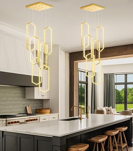 Miniatura 13 de Candelabro moderno de 6 anillos, luz LED dorada contemporánea para entrada de sala de estar, lámparas de techo alto regulables con control remoto