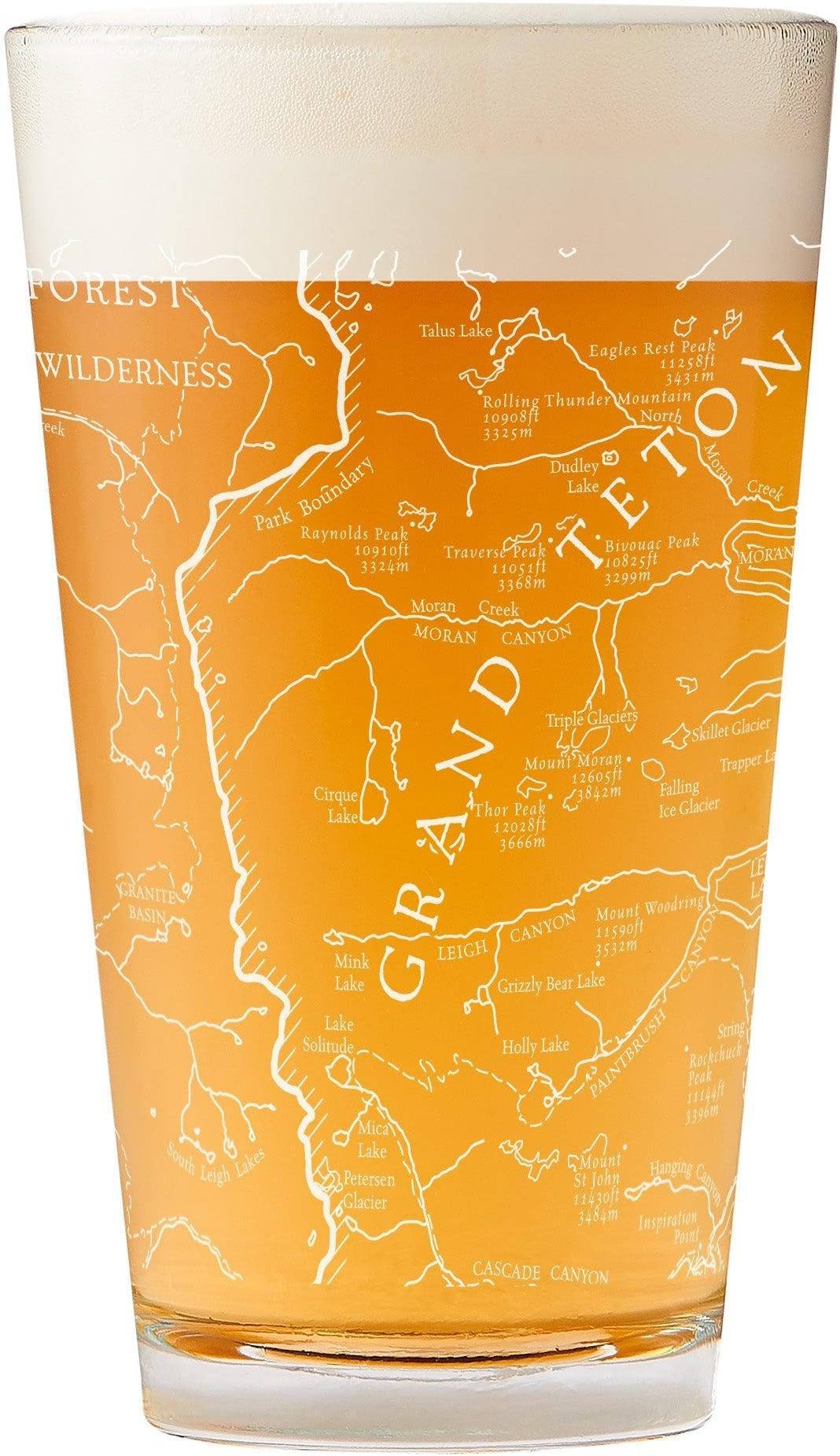 Grand Teton National Park Line Map Pint Glass - 16 oz Beer Glasses, Durable Bar Glassware, Dishwasher Durable Drinking Glass, Great Gift
