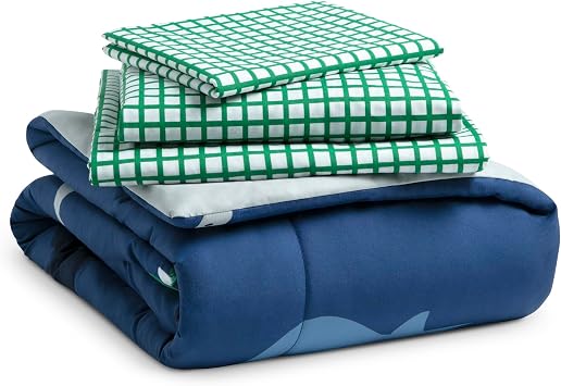 Delta Children 4 Piece Toddler Bedding Set for Boys - Reversible 2-in-1 Comforter - Includes Fitted Comforter to Keep Little Ones Snug, Bottom Sheet, Top Sheet, Pillow Case - Blue/Green Dino